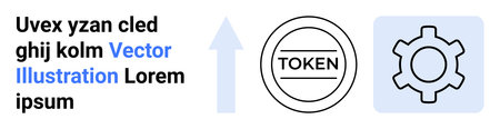 Circular token, upward arrow, and gear graphic. Ideal for technology, blockchain, progress,...