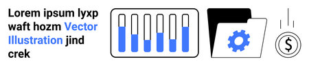 Test tubes data graph, gear folder, and dollar coin emphasize finance, analytics, organization....