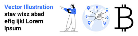 Person analyzing digital data with global network, Bitcoin symbol, and pinpoints. Ideal for...