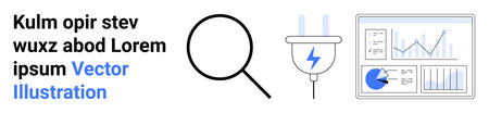 Magnifying glass, electric plug with lightning, and data charts emphasizing search, energy...