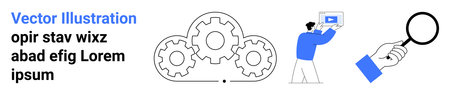 Gears symbolizing collaboration, a person interacting with digital content, and a hand using a...