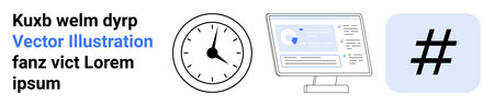 Analog clock, computer monitor with data, metadata tag icon illustrating time, productivity,...