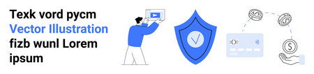 Person holding laptop, shield icon, money transaction elements, and credit or debit card graphic....