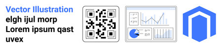 QR code, analytic graphs, pie chart, and geometric symbol for tech platforms, business insights,...