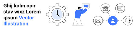 Gear with clock, person streaming video on a screen, and interconnected communication icons. Ideal...