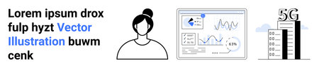 Data communication, 5G networks, technology, analytics, connectivity, remote work. A female avatar,...