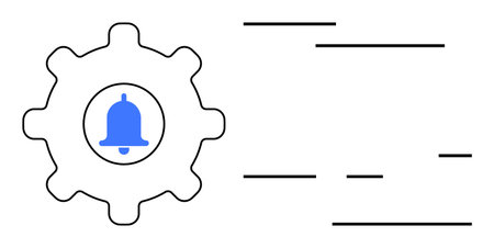 Notification management, alert systems, user settings, customization, interface design, automation. A gear with a blue bell inside and abstract lines. Notification management and alert system concept