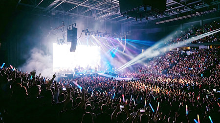 Concert crowd enjoying a live music event with vibrant lights