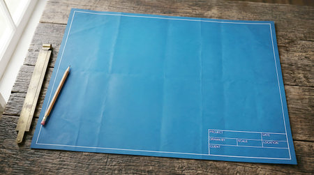 A sleek digital tablet displaying a clean architectural floor plan with a pencil resting beside it. The tablet screen shows a blueprint with room outlines and measurements, ideal for design and planning purposes. Perfect for stock images related to architecture, interior design, and digital planning tools.