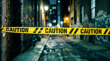 Close-up image of bright yellow caution tape stretched across a pathway with the word 'CAUTION' printed repeatedly, set in a dimly lit outdoor area with blurred greenery and faint city lights in the background.