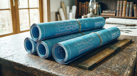 Three large rolls of blue waterproof membrane stacked and secured on a wooden pallet, ready for construction or outdoor use. The rolls are placed outdoors near a building with a blurred industrial setting.