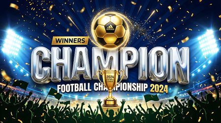 A champion football trophy with a crowd of people and confetti