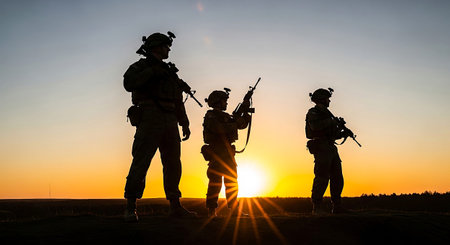 Three military personnel silhouetted against a vibrant sunset sky, standing in an open field with rifles ready. The warm glow of the setting sun highlights their figures, evoking a sense of readiness and vigilance in a natural outdoor setting.