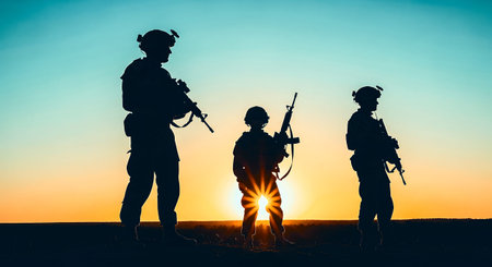 A powerful and evocative silhouette shot of three soldiers standing in a field during a vibrant golden sunset. The figures are dark against the bright, warm horizon, each carrying a rifle. This image captures the essence of military service, vigilance, protection, and the solemn duty of soldiers defending their country at the end of the day. The scene conveys themes of sacrifice, strength, honor, and national security.