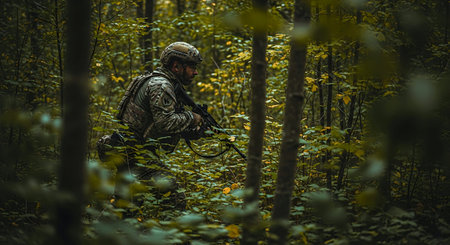 A soldier wearing camouflage gear crouches in a dense green forest, possibly during a military operation or training exercise. The image is pixelated, adding a layer of abstraction to the scene.