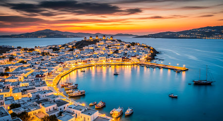 Vibrant coastal town during sunset, featuring illuminated waterfront buildings and boats on calm water.