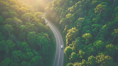 A pixelated image of a winding road through a lush green forest with a sunset in the background.
