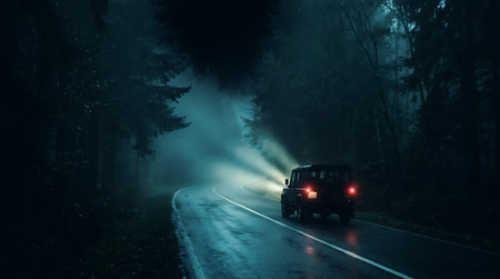 Dark night scene of an SUV traveling down a foggy, winding road surrounded by dense forest trees.