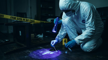 Forensic expert in protective suit uses UV light to analyze evidence at a secured crime scene investigation area.