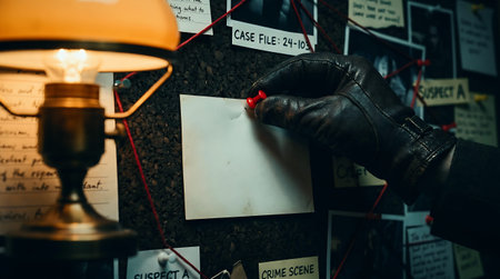 A detective's workspace with a lamp, papers, and case files