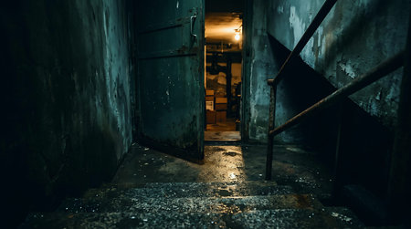 Dark tunnel with greenish walls leading to a cozy, warmly lit entrance at nighttime.