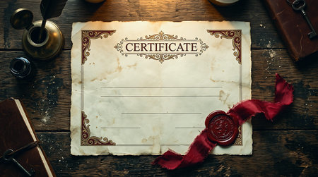 An elegant vintage diploma or certificate template laid out on a rustic dark wooden table with classic writing tools like a quill pen and inkwell.