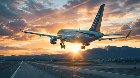 A large passenger jet ascending into a vibrant sunset with dramatic clouds and golden sky.