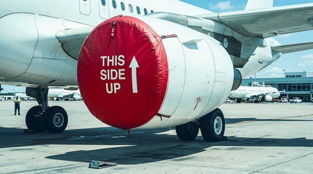 A luggage cart on an airport tarmac with a bright red sign indicating 'this side up' for proper handling.