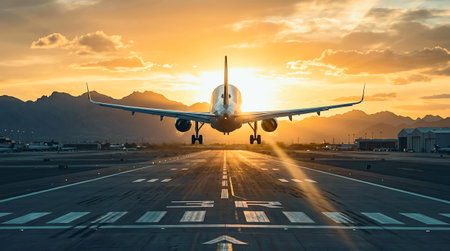 A large passenger jet on the runway at dusk with a stunning golden sunset sky in the background.