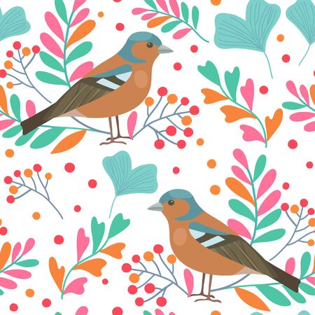 Vector sseamless pattern with finch and branches with berries isolated on white background.のイラスト素材