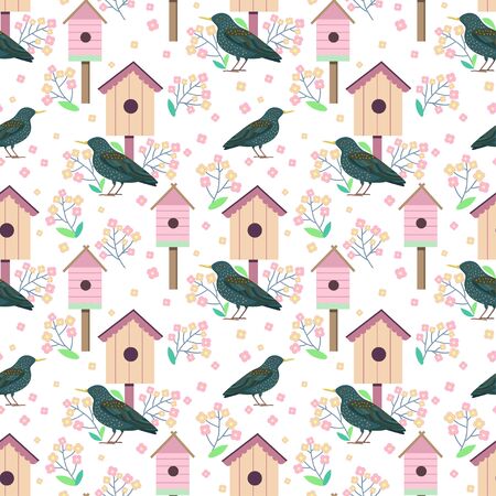 Seamless pattern with stalling birds and birdhouses with blossom branches.のイラスト素材