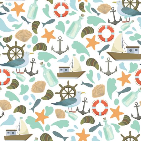 Seamless pattern with seagulls and anchors and weels. Sea nautical marine vector print for child decor or textile.のイラスト素材