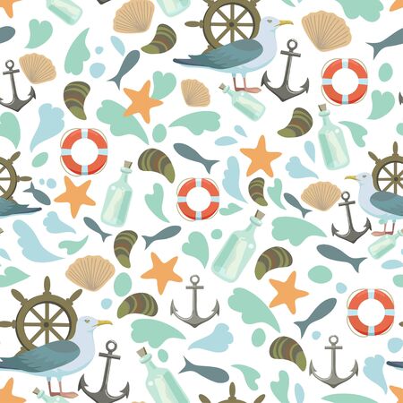 Seamless pattern with seagulls and anchors and weels. Sea nautical marine vector print for child decor or textile.のイラスト素材