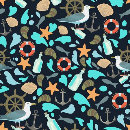 Seamless pattern with seagulls and anchors and weels. Sea nautical marine vector print for child decor or textile.のイラスト素材