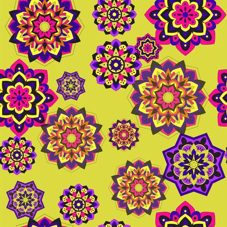 Colorful seamless pattern with plants and floral elements. Bright psychedelic background.のイラスト素材