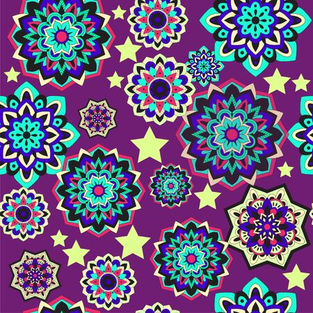 Colorful seamless pattern with plants and floral elements. Bright psychedelic background.のイラスト素材
