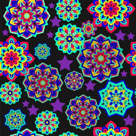 Colorful seamless pattern with plants and floral elements. Bright psychedelic background.のイラスト素材