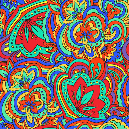Colorful seamless pattern with plants and floral elements. Bright psychedelic background.のイラスト素材