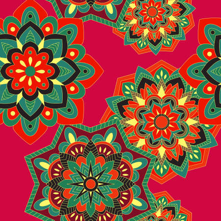 Colorful seamless pattern with plants and floral elements. Bright psychedelic backgroundのイラスト素材