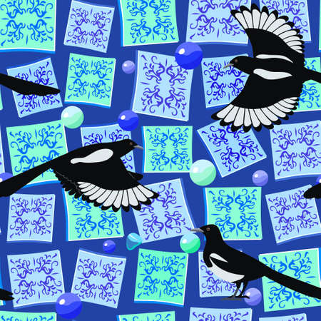 Cute original seamless pattern with magpie, majolic elements, physalis and jewelry.のイラスト素材