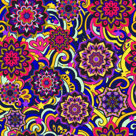 Colorful seamless pattern with plants and floral elements. Bright psychedelic background.のイラスト素材