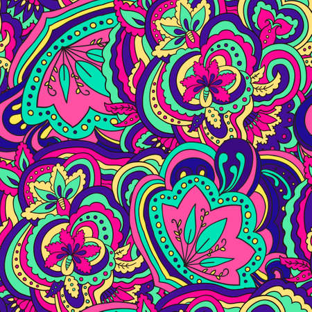 Colorful seamless pattern with plants and floral elements. Bright psychedelic background.のイラスト素材
