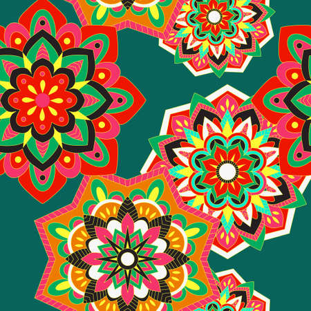 Colorful seamless pattern with plants and floral elements. Bright psychedelic backgroundのイラスト素材