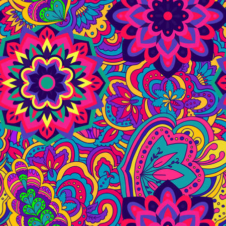 Colorful seamless pattern with plants and floral elements. Bright psychedelic background.のイラスト素材