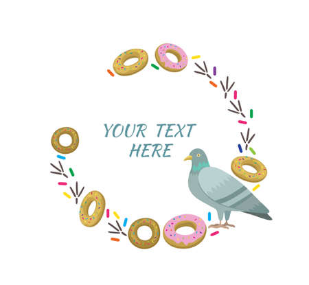 Original vector illustration with pigeon and donuts. Cute cartoon bird.のイラスト素材