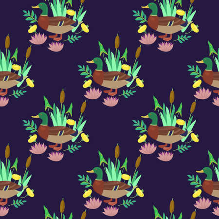 Seamless pattern with cute ducks and water lily flowers. Vector original illustration.のイラスト素材