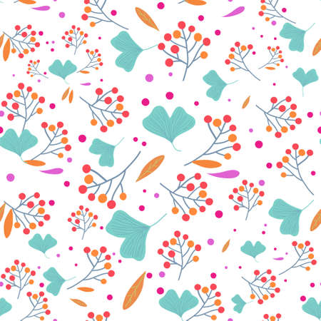 Seamless pattern with plants branches, leaves and berries. Vector original illustration. のイラスト素材
