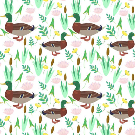 Seamless pattern with cute ducks and water lily flowers. Vector original illustration.のイラスト素材