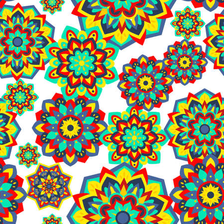 Colorful seamless pattern with plants and floral elements. Bright psychedelic background. Vector original illustration. のイラスト素材