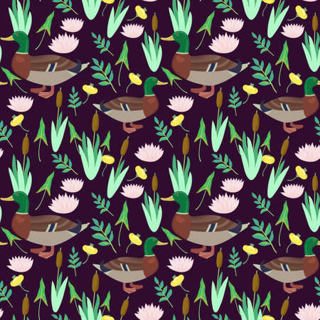 Seamless pattern with cute ducks and water lily flowers. Vector original illustration.のイラスト素材